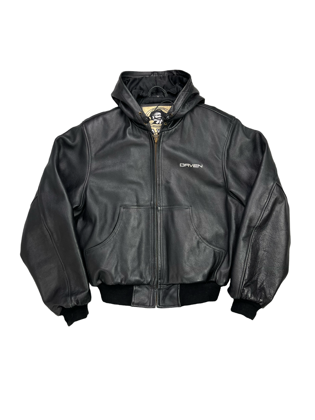 Daven Vintage Echtlederjacke Kaputze 90s Schwarz S