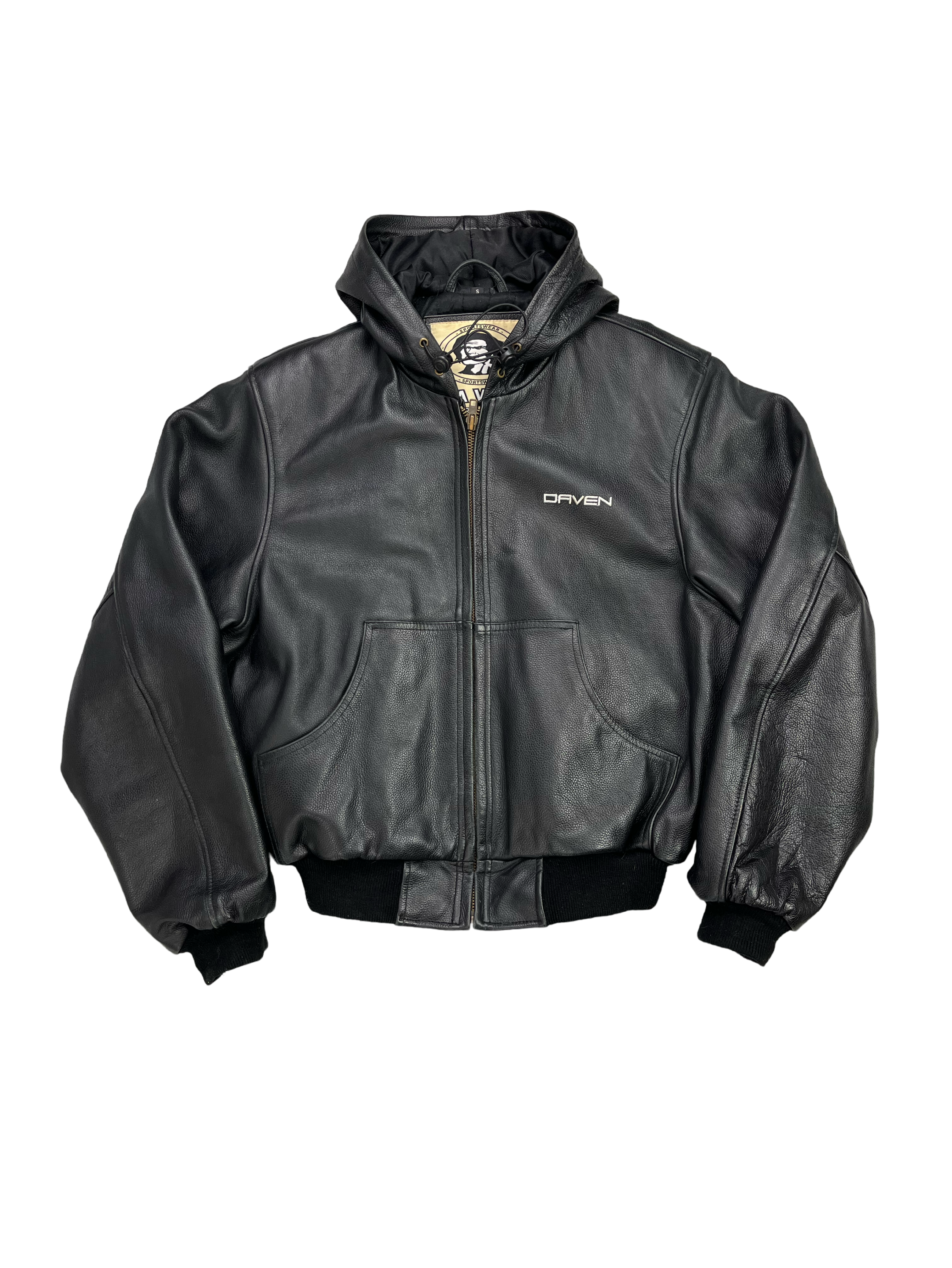 Daven Vintage Echtlederjacke Kaputze 90s Schwarz S