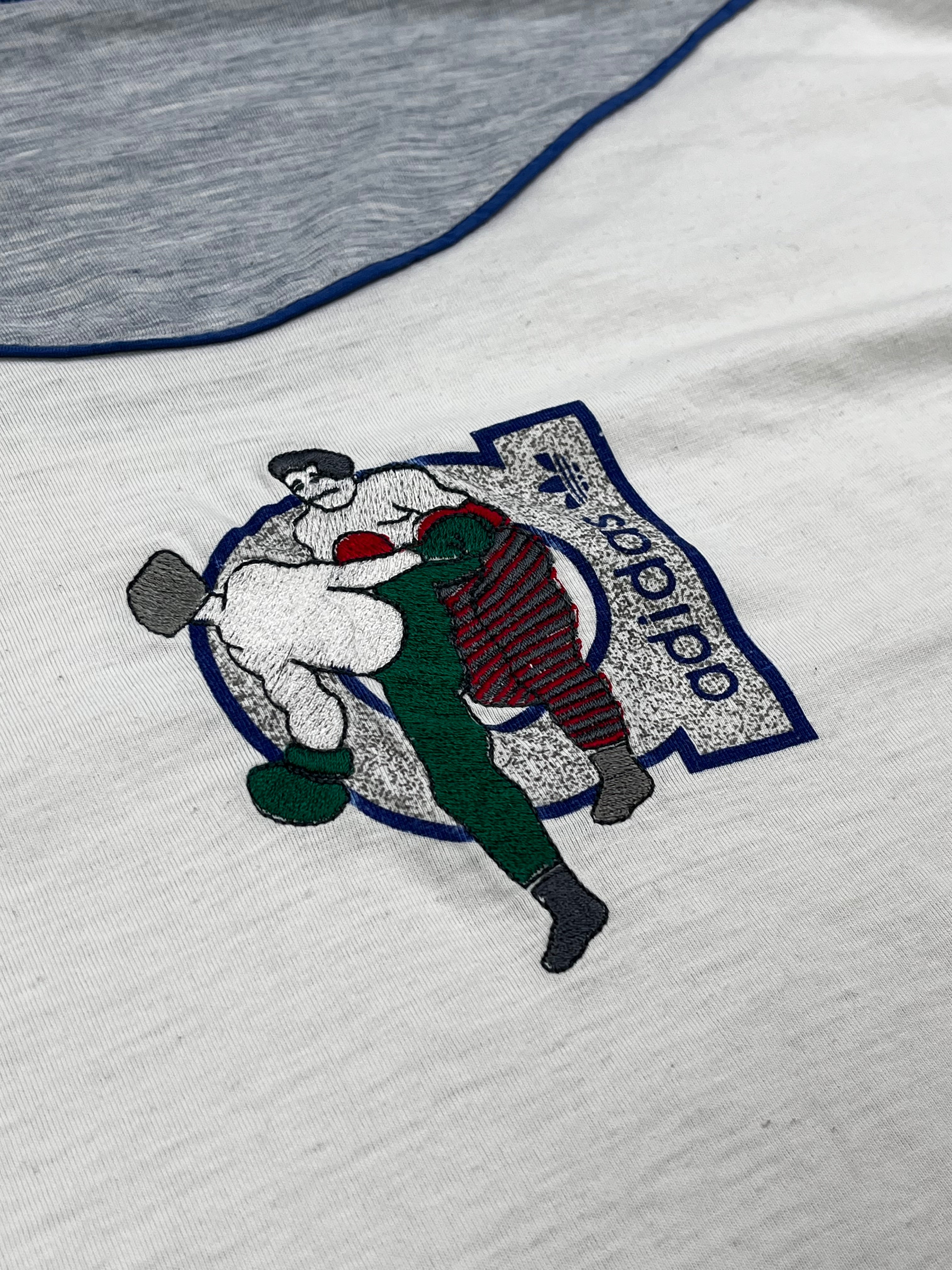 Adidas Vintage T-Shirt 90s Graublau Melliert Weiß XL