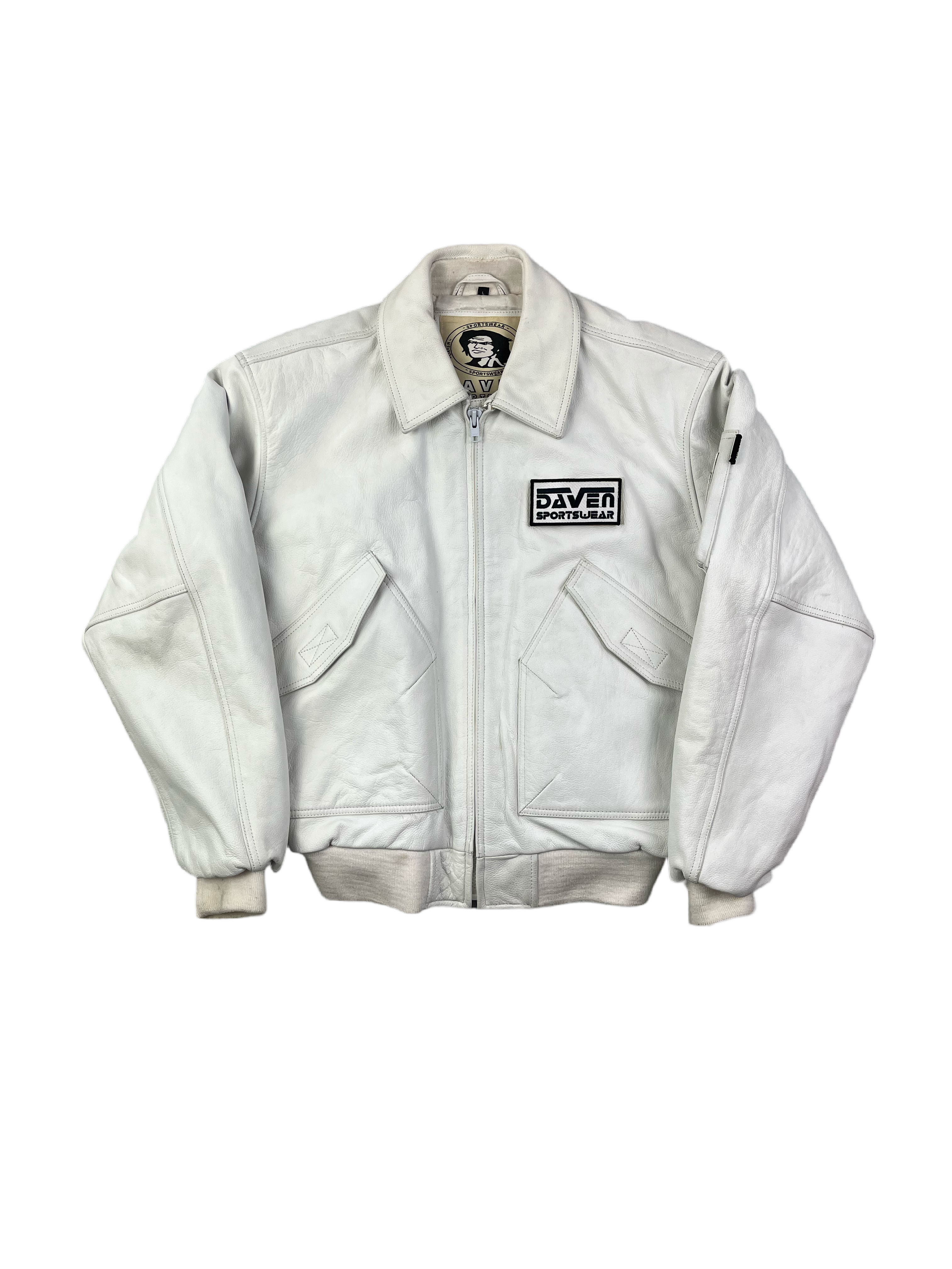 Daven Vintage Echtlederjacke Bomber 90s Weiß L