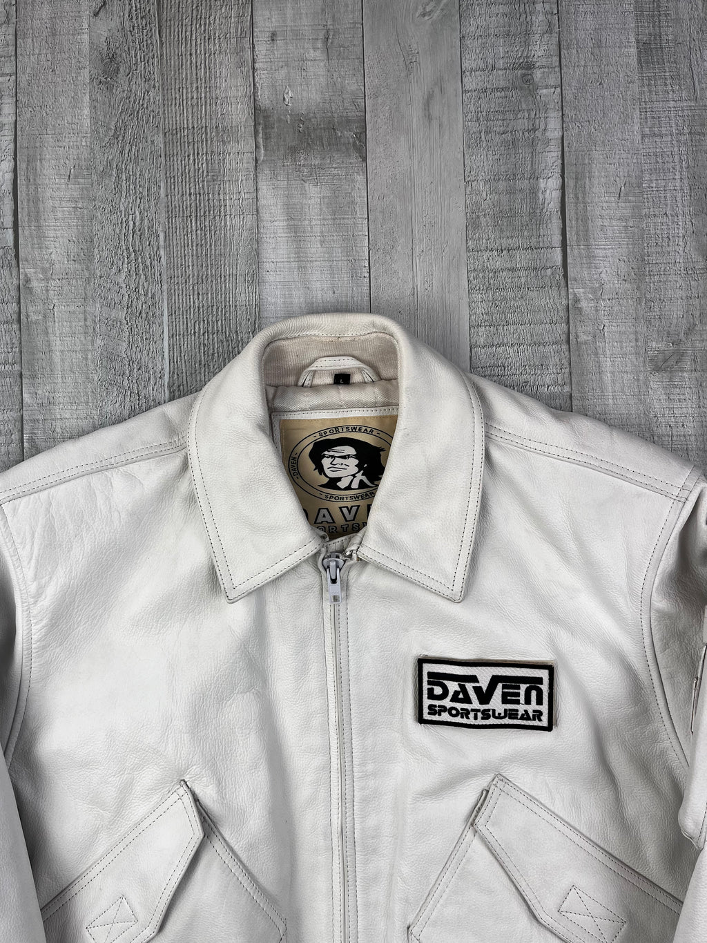 Daven Vintage Echtlederjacke Bomber 90s Weiß L