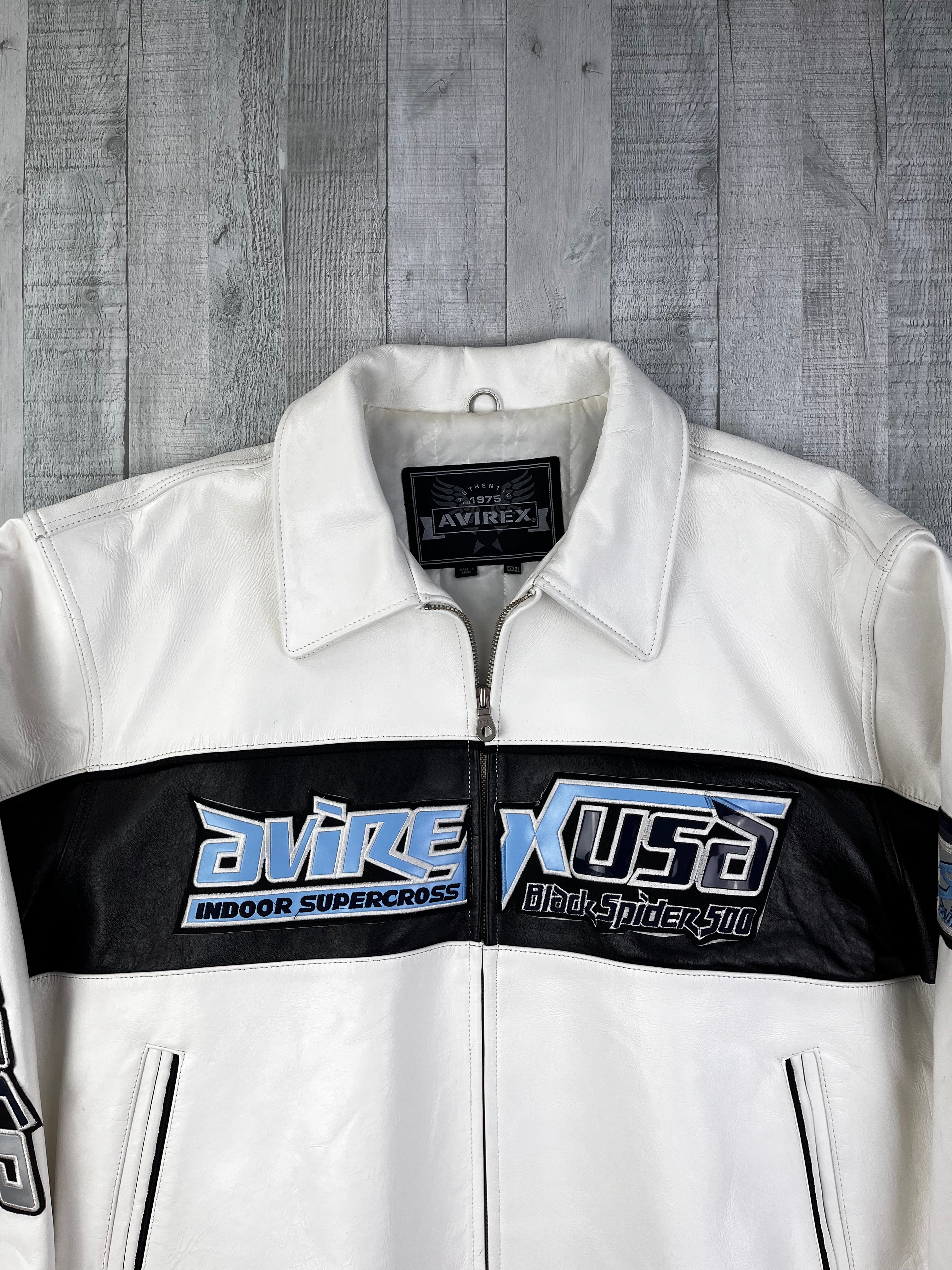 Avirex Vintage Echtlederjacke Black Spider 500 90s Weiß Schwarz 4XL
