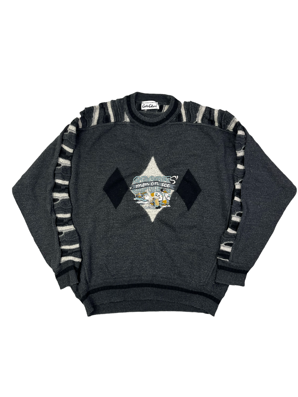 Carlo Colucci Vintage Wollpullover Men On Ice Grau Weiß L