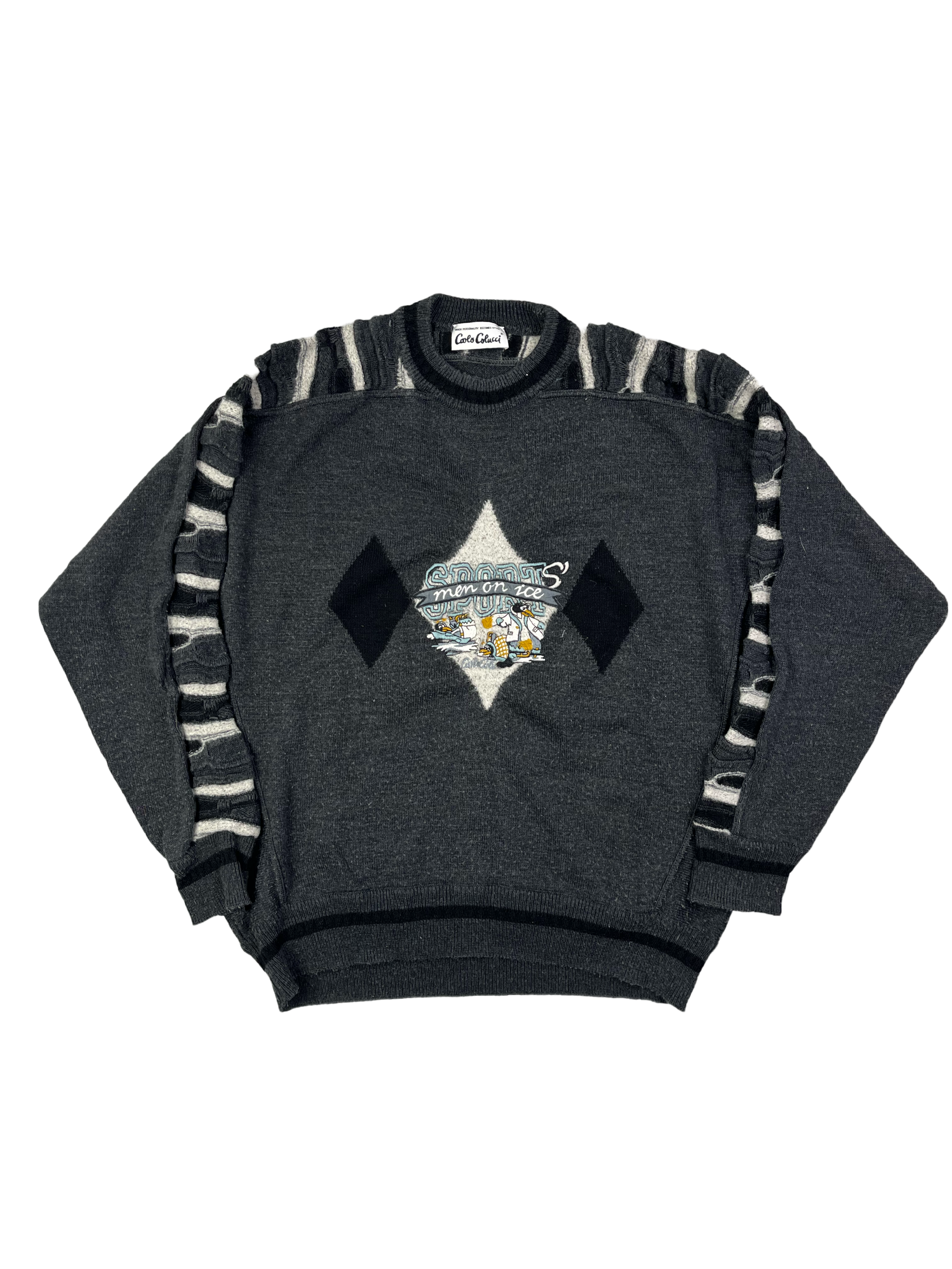 Carlo Colucci Vintage Wollpullover Men On Ice Grau Weiß L