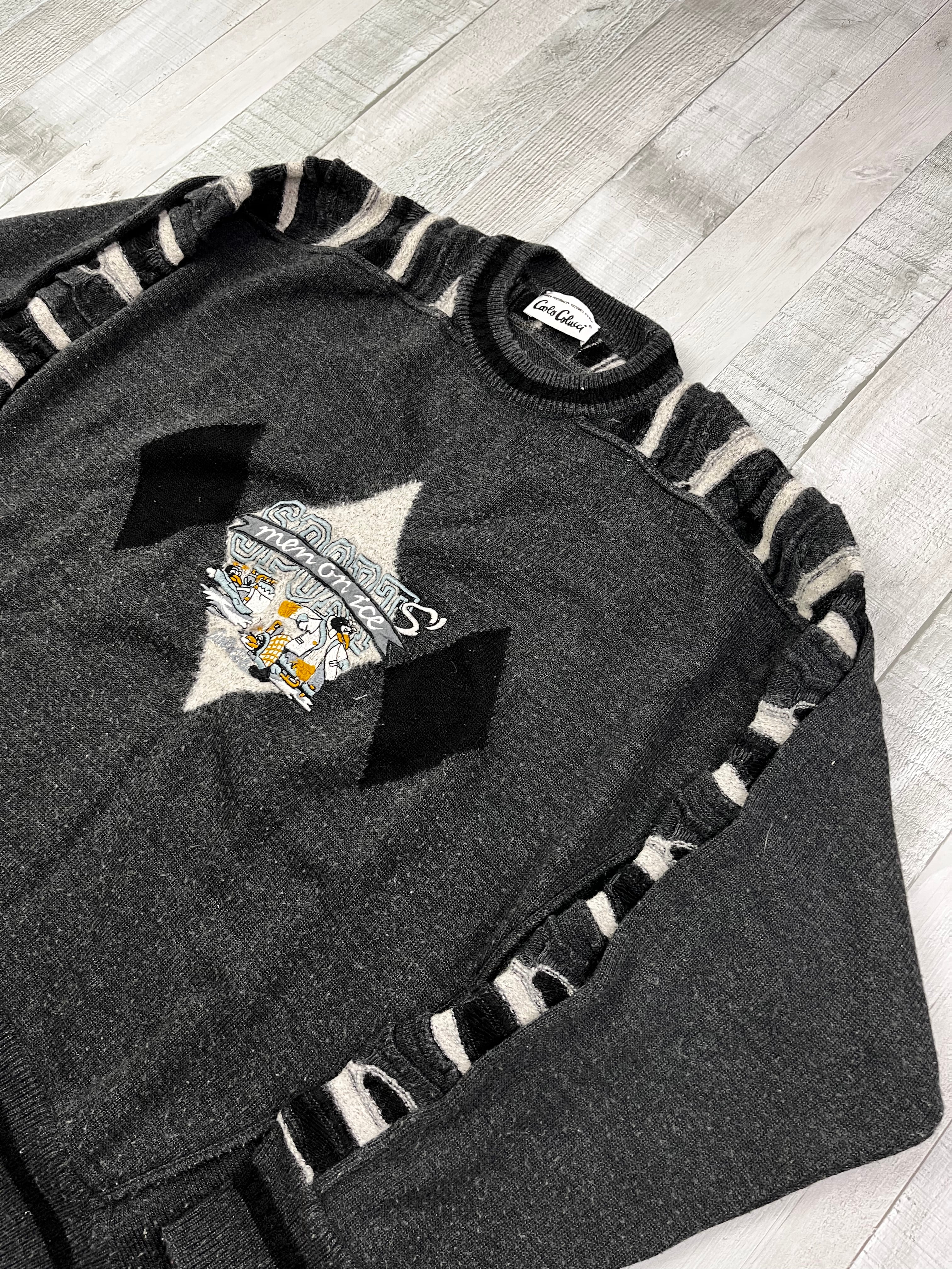 Carlo Colucci Vintage Wollpullover Men On Ice Grau Weiß L