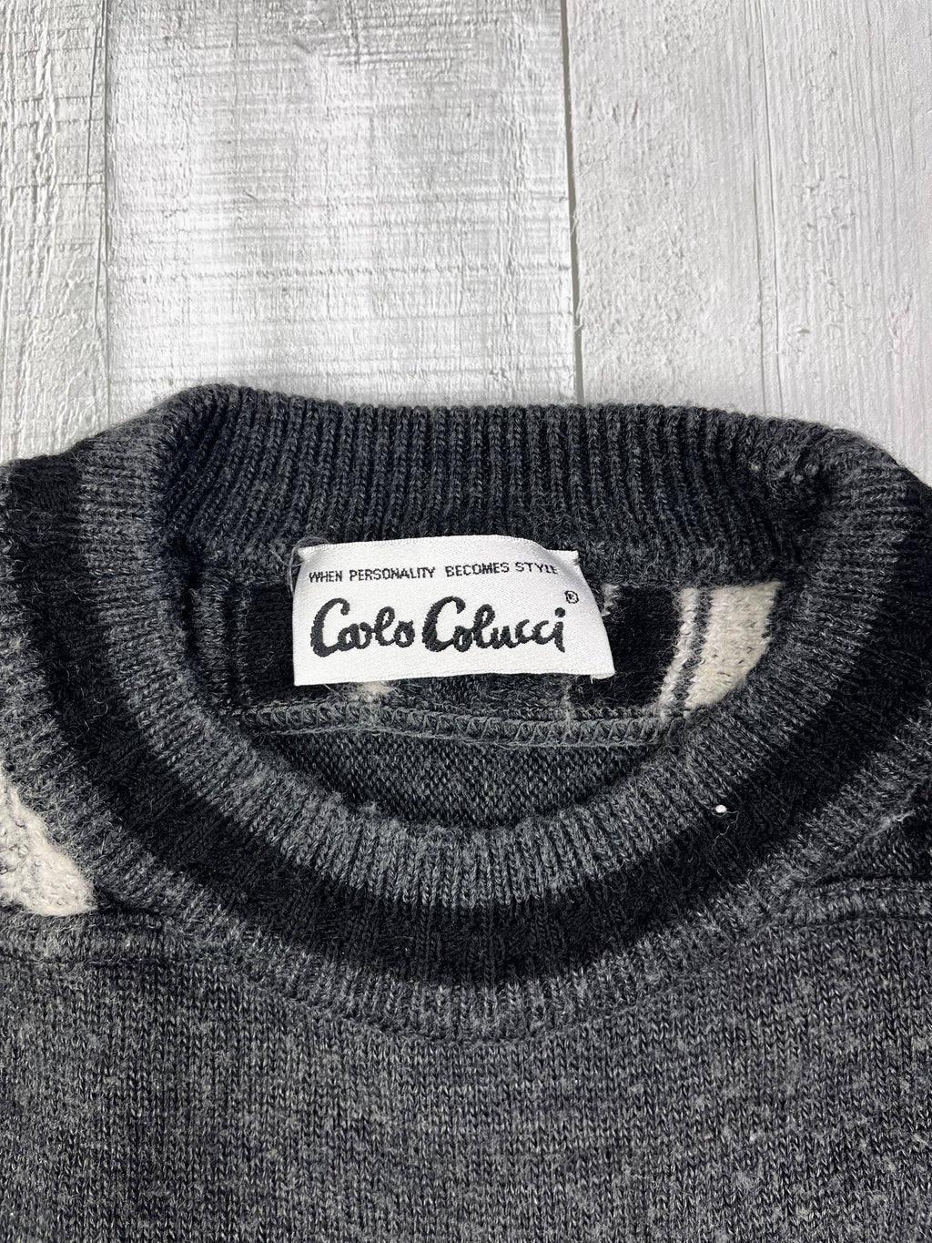 Carlo Colucci Vintage Wollpullover Men On Ice Grau Weiß L