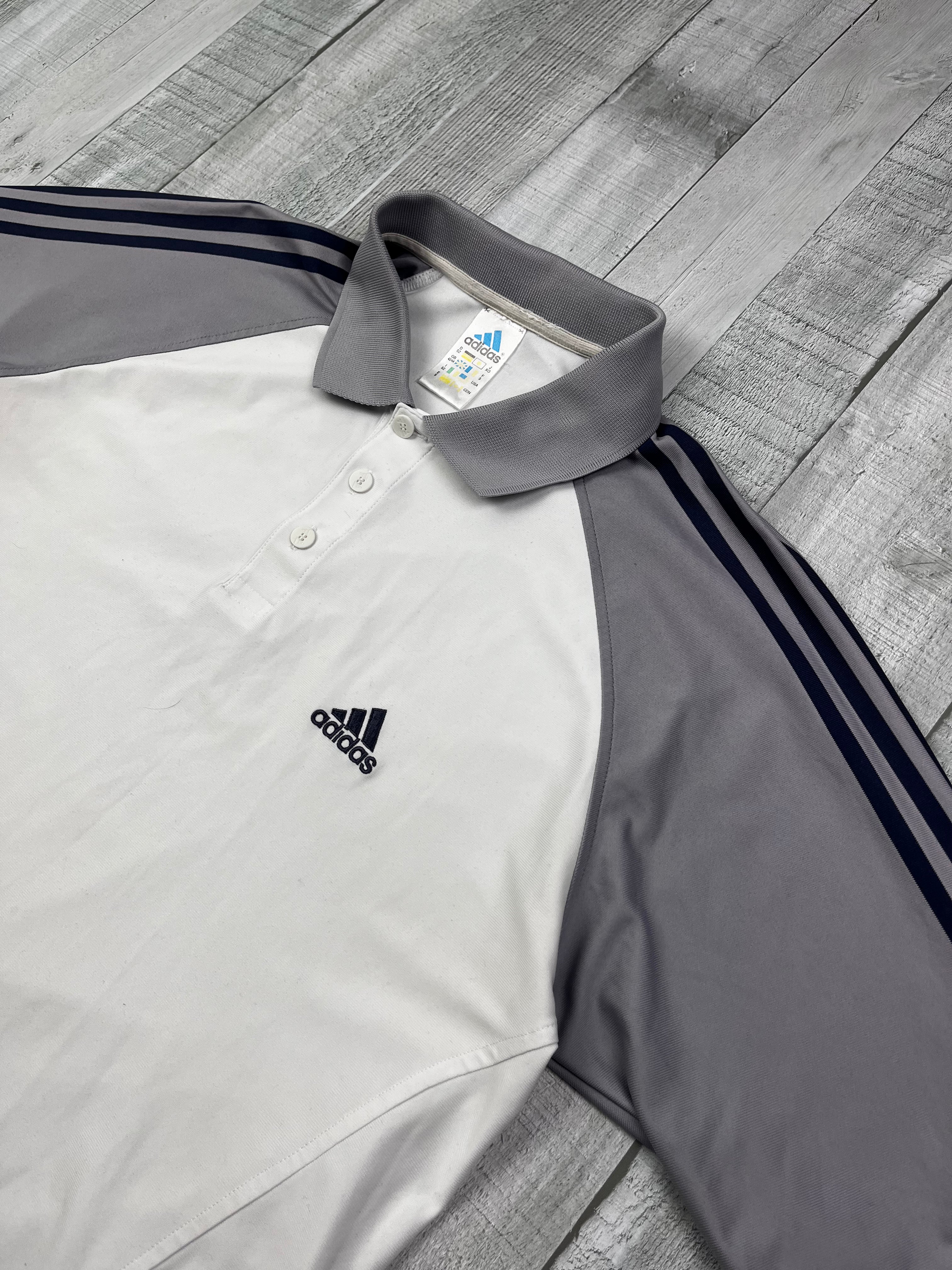 Adidas Vintage Polo Sport T-Shirt 90s Weiß Grau XL