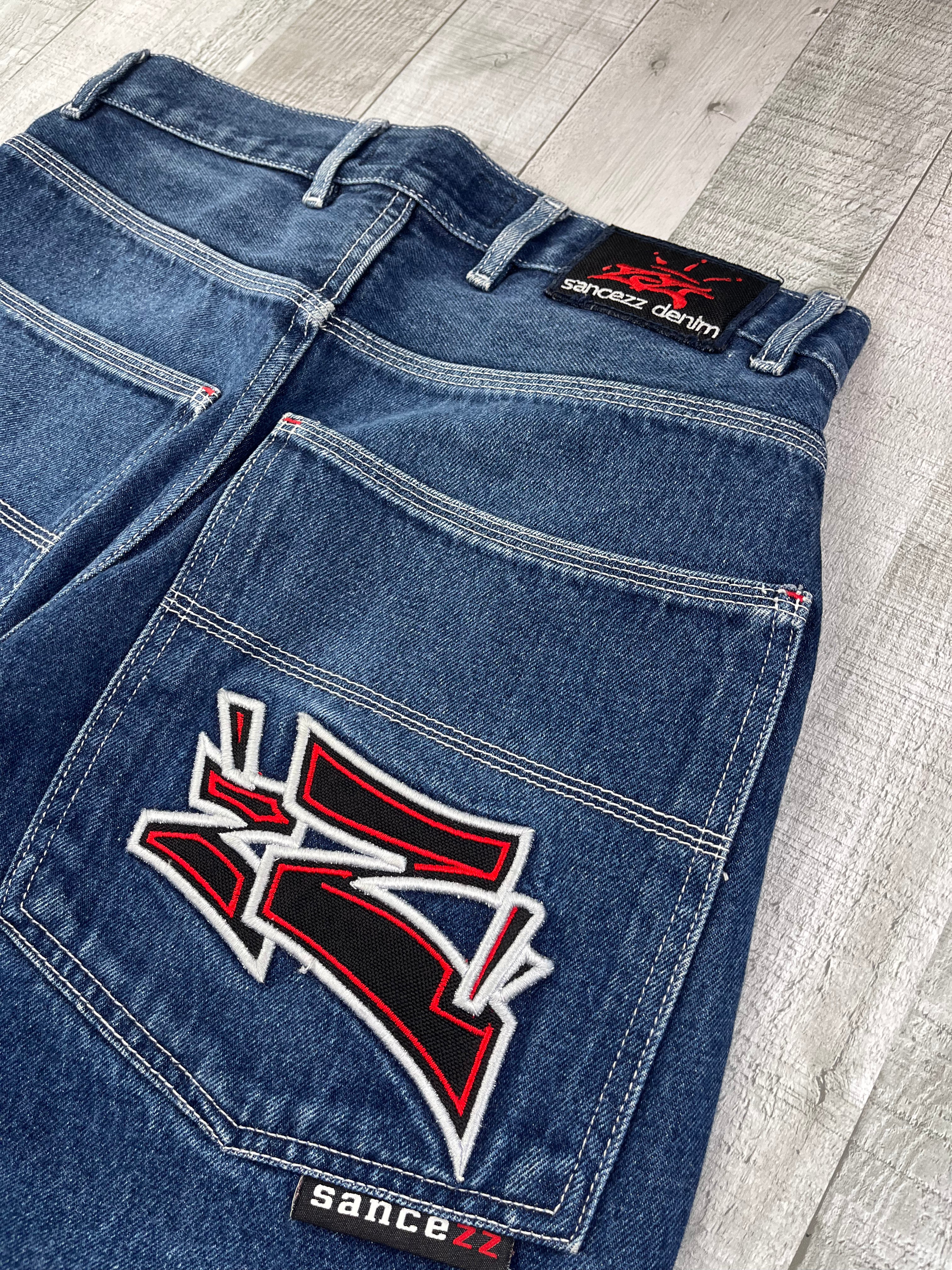 Sancezz Vintage Baggy Jeans Bestickt 90s Dunkelblau S