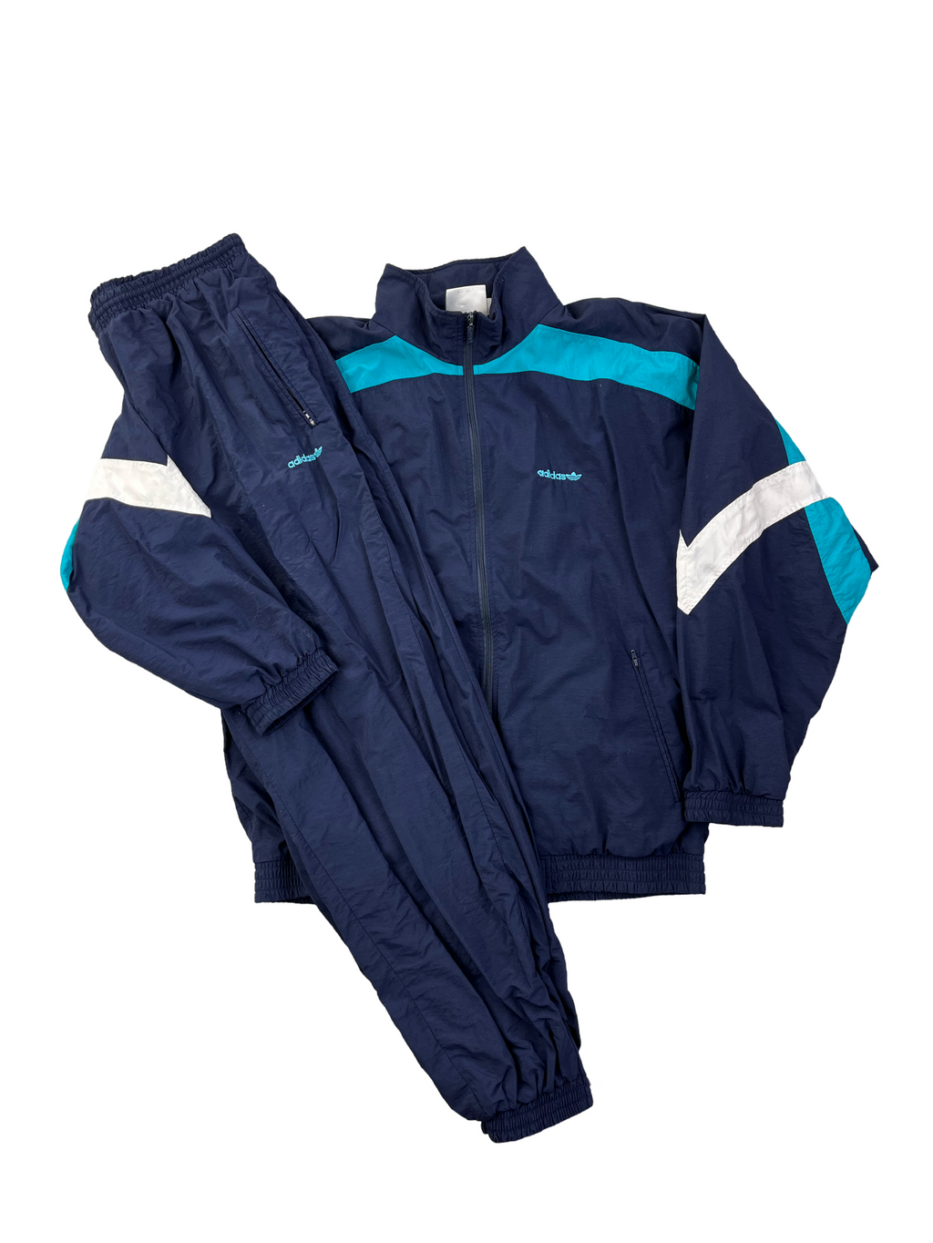 Adidas Vintage Trainingsanzug 90s Dunkelblau Türkis Weiß L