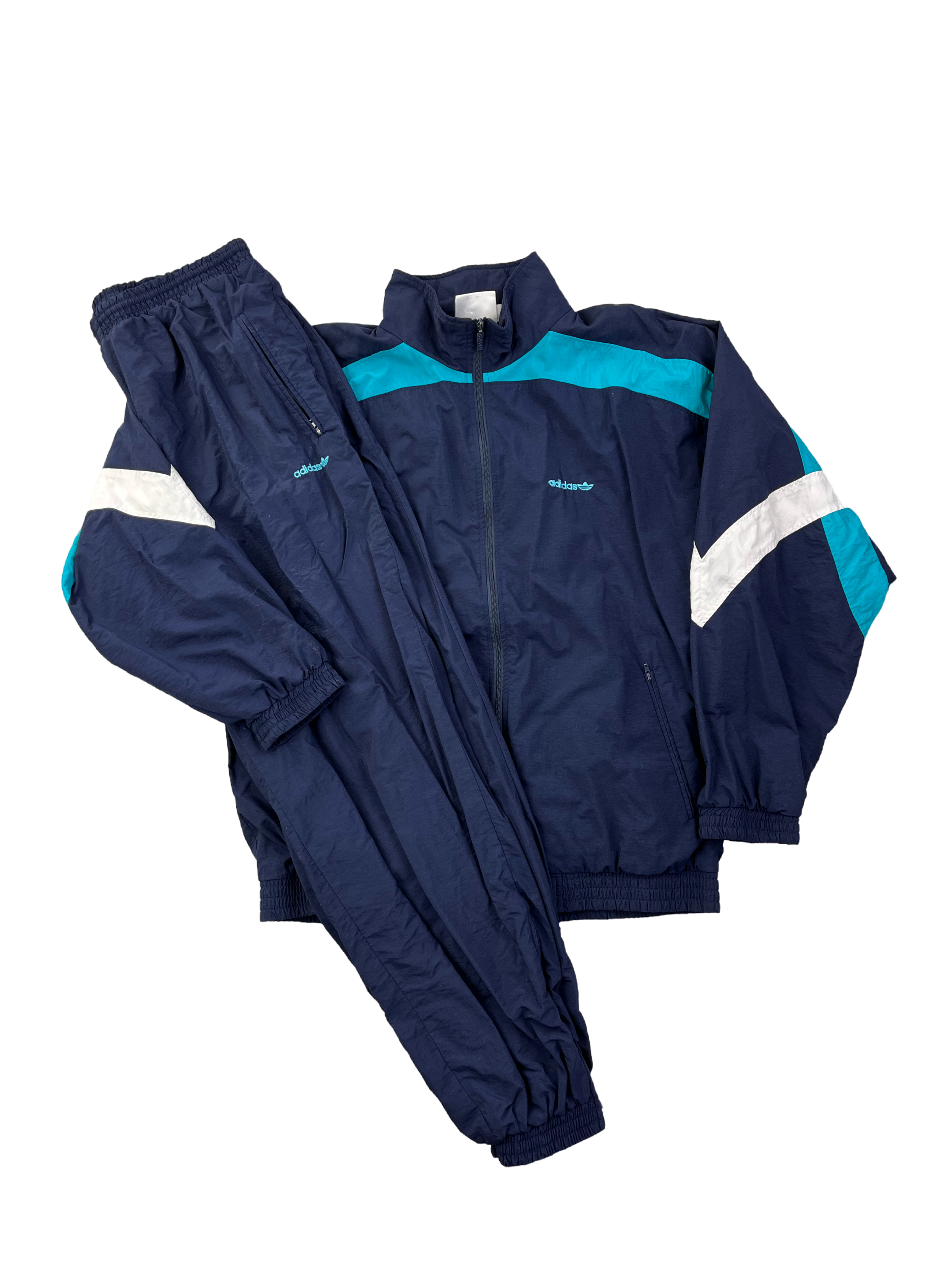 Adidas Vintage Trainingsanzug 90s Dunkelblau Türkis Weiß L