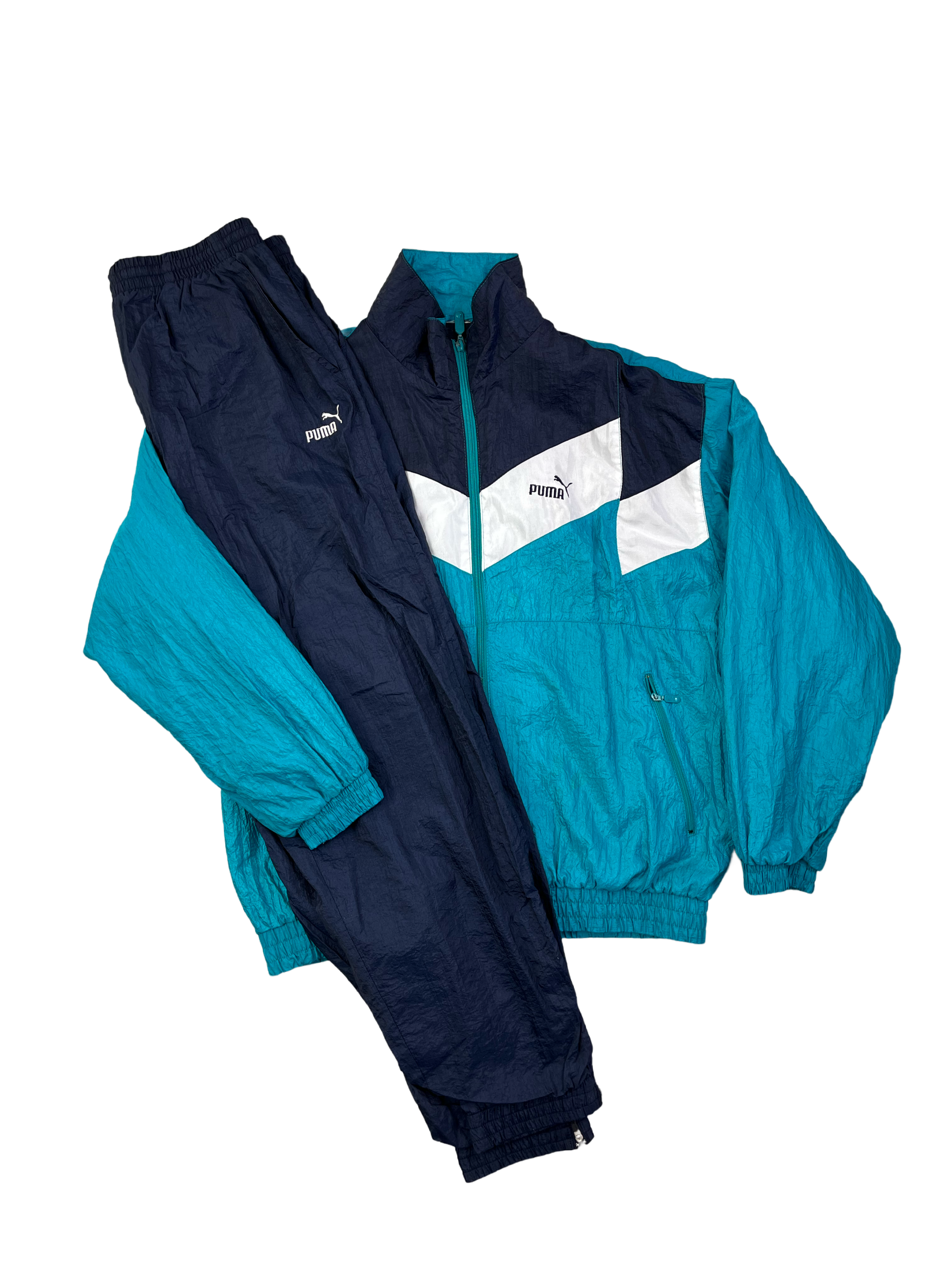 Puma Vintage Trainingsanzug 90s Dunkelblau Weiß Türkis S