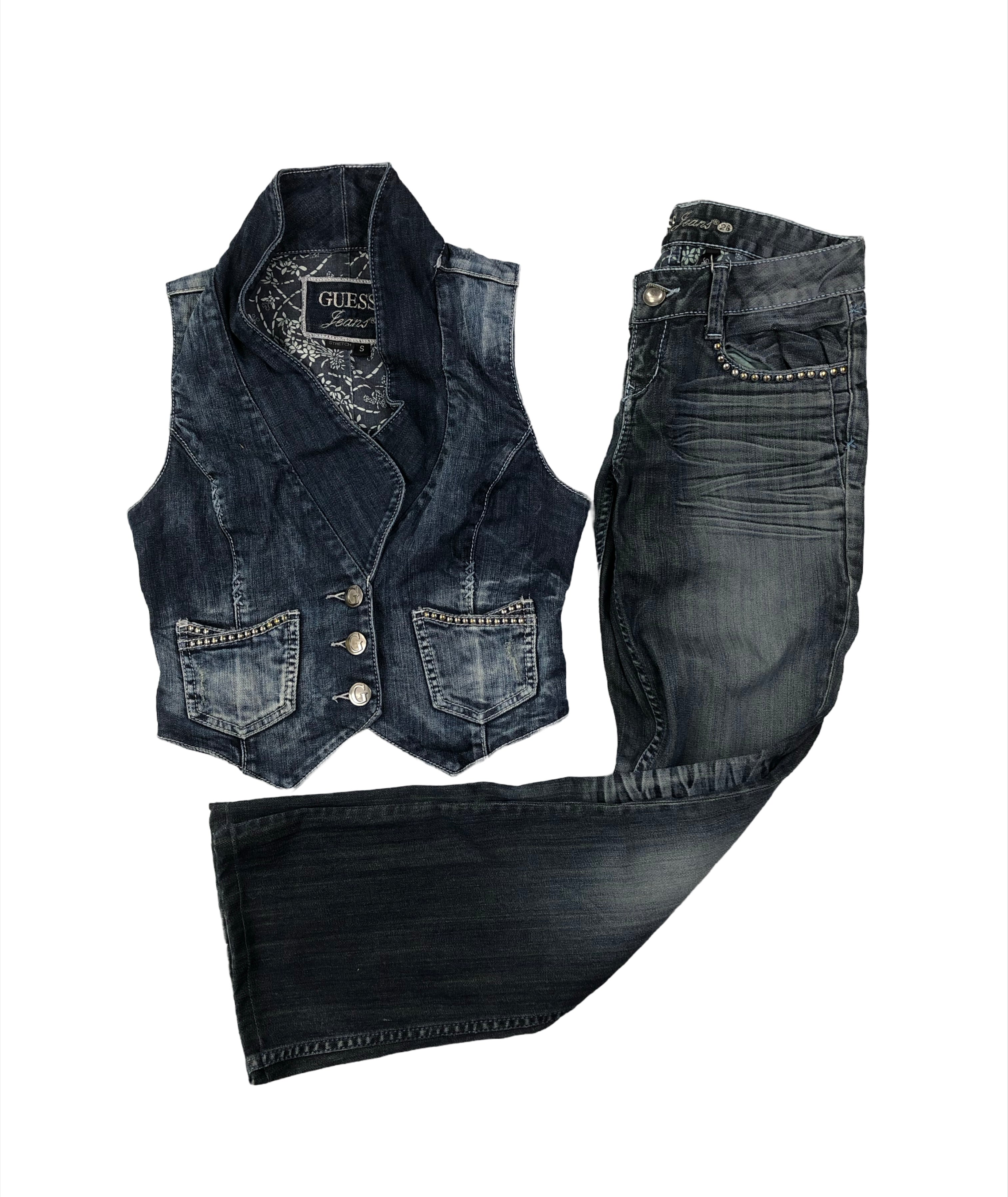Guess Vintage Damen Set Weste + Jeans 00s Dunkelblau S