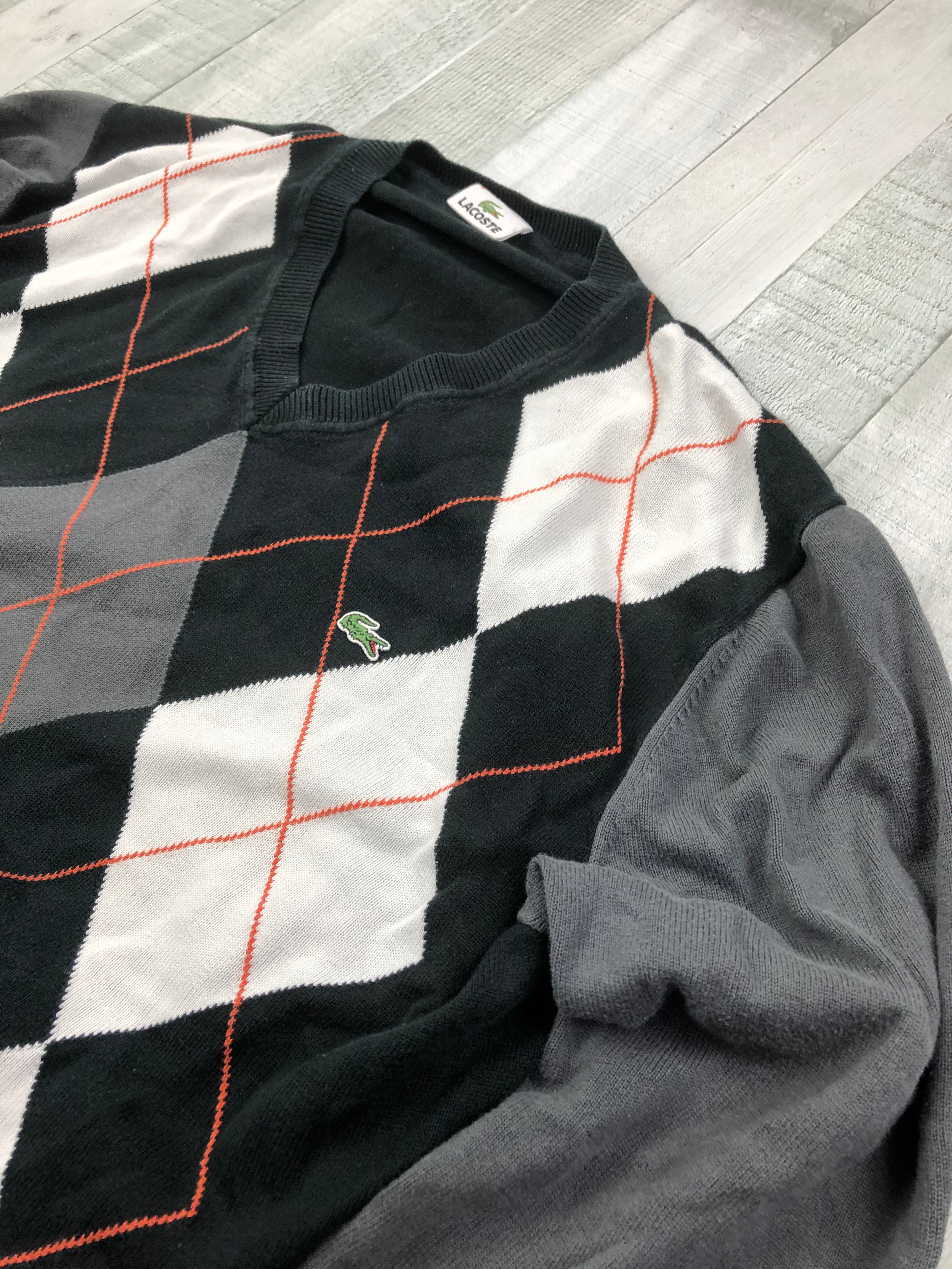 Lacoste Feinstrick Pullover V Ausschnitt Schwarz Grau L